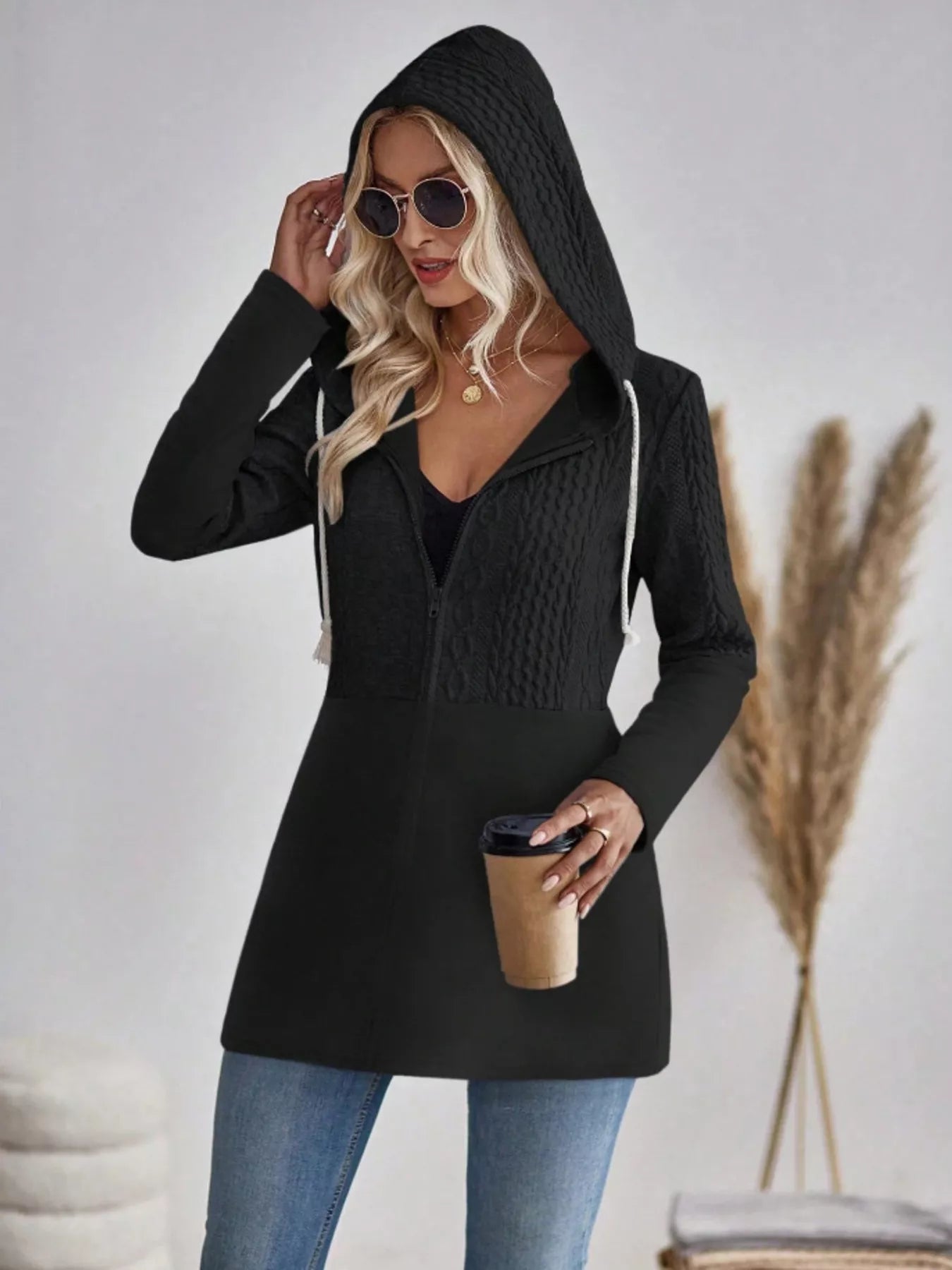 Drawstring Textured Zip Up Drawstring Hooded Jacket - DicartluzeDicartluze9e1e7a106cec4bfc9ad27593a661c4f6 - Max - Origin