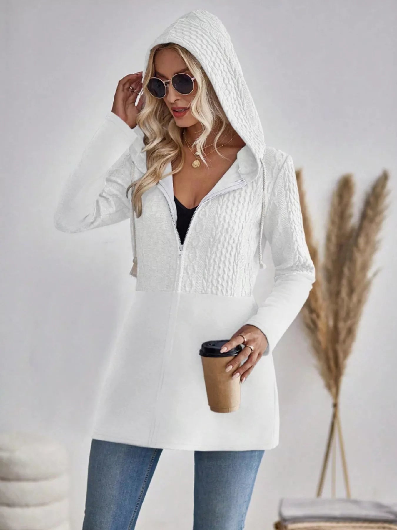 Drawstring Textured Zip Up Drawstring Hooded Jacket - DicartluzeDicartluze5c16d038749146cd8b14b581ec481c5d - Max - Origin