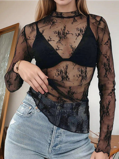 Floral Mock Neck Long Sleeve Mesh Top - DicartluzeDicartluzeb2720322 - f232 - 41b7 - 9160 - 807f28243199 - Max