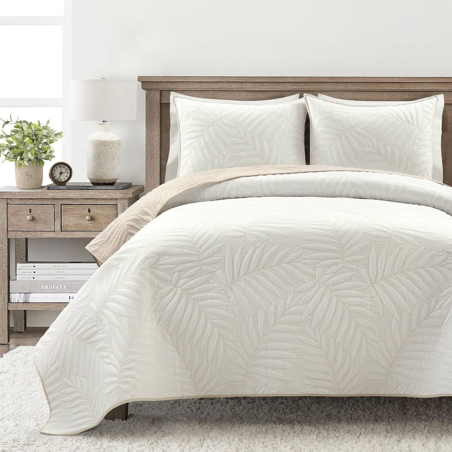 Full/Queen Lightweight Fern Leaf Reversible 3 - PC White Beige Cotton Quilt Set - DicartluzeBedroom > Quilts & BlanketsDicartluzeFull/Queen Lightweight Fern Leaf Reversible 3 - PC White Beige Cotton Quilt Set