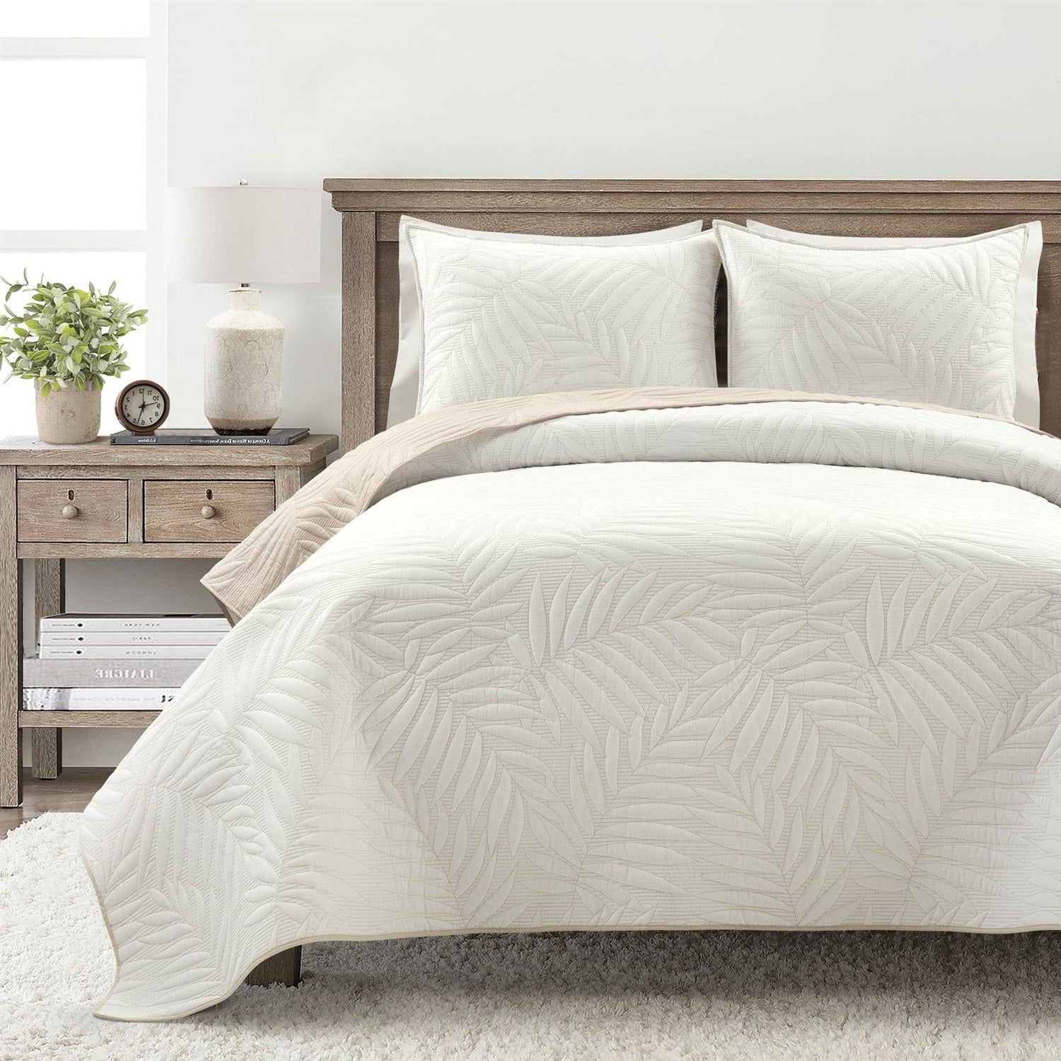 Full/Queen Lightweight Fern Leaf Reversible 3 - PC White Beige Cotton Quilt Set - DicartluzeBedroom > Quilts & BlanketsDicartluzeFull/Queen Lightweight Fern Leaf Reversible 3 - PC White Beige Cotton Quilt Set