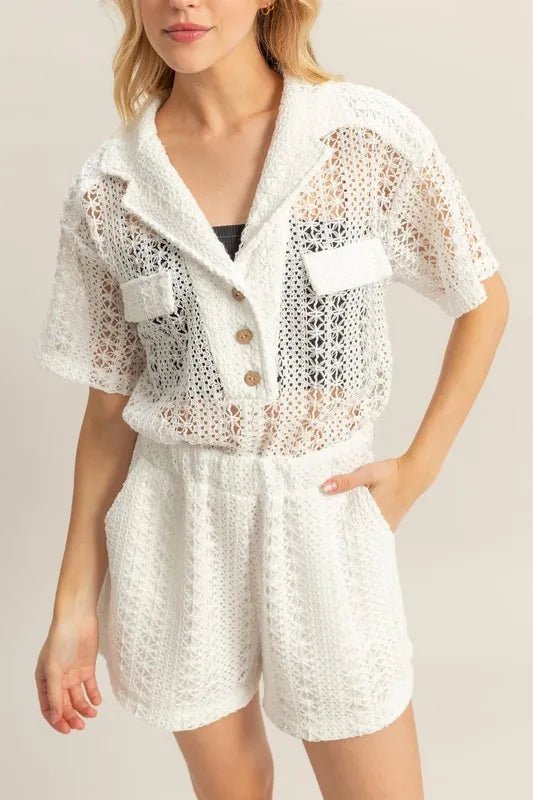 HYFVE Crochet Button Front Short Sleeve Romper - DicartluzeDicartluzee60b64a1 - 1e5e - 4eac - ba36 - b8648128a7ca - Max