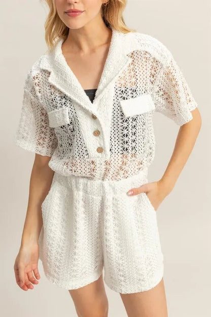 HYFVE Crochet Button Front Short Sleeve Romper - DicartluzeDicartluzee60b64a1 - 1e5e - 4eac - ba36 - b8648128a7ca - Max