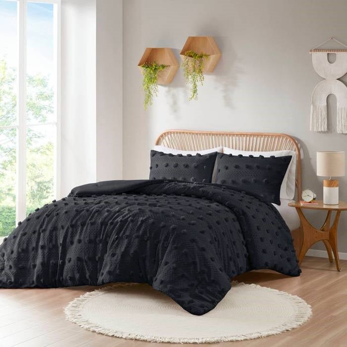 King/Cal King 3 Piece Pompom Microfiber Hypoallergenic Comforter Set in Black - DicartluzeBedroom > Comforters and SetsDicartluzeKing/Cal King 3 Piece Pompom Microfiber Hypoallergenic Comforter Set in Black