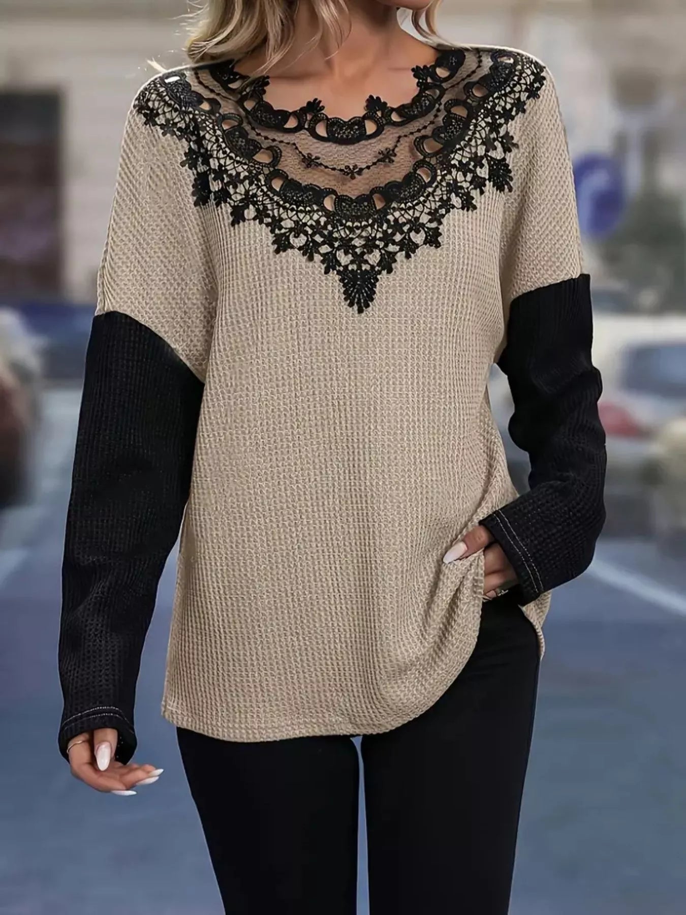 Lace Detail Color Block Long Sleeve T-Shirt - DicartluzeDicartluze3674f262 - 379c - 4cb5 - 9dc6 - a6ff06da1b07 - Max - Origin