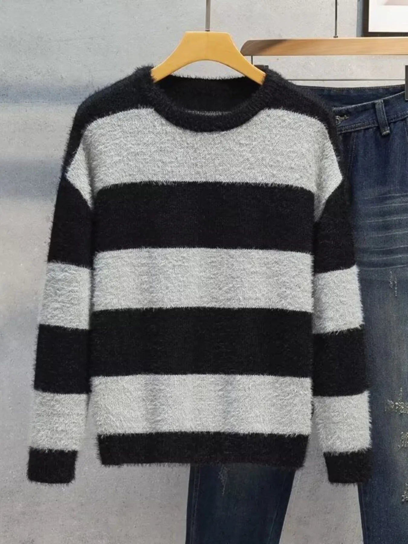 Men's Plus Size Striped Fuzzy Knit Pullover Sweater - DicartluzeDicartluze2c6cc2b0216f47b9901b48643c1a74e1 - Max - Origin