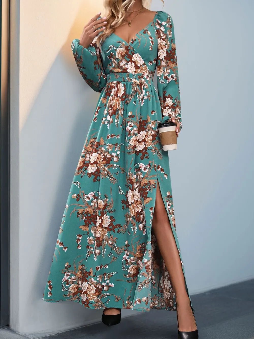 Perfee Slit Printed Surplice Long Sleeve Maxi Dress - DicartluzeDicartluzea2ae4306 - 5210 - 4e62 - b327 - 23da0314875f - Max