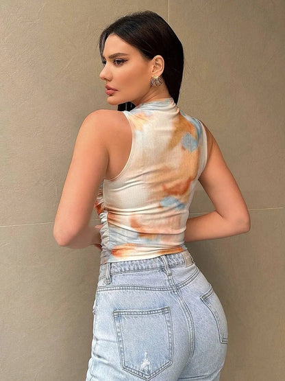 Printed Mock Neck Ruched Tank - DicartluzeDicartluzea4da00bb - c66d - 4e62 - 821e - b9bcb6a8546a - Max