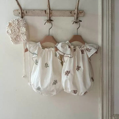 Summer Hot Selling Baby Kids Girls Fly Sleeves Flowers Pattern Embroidered Princess Onesies