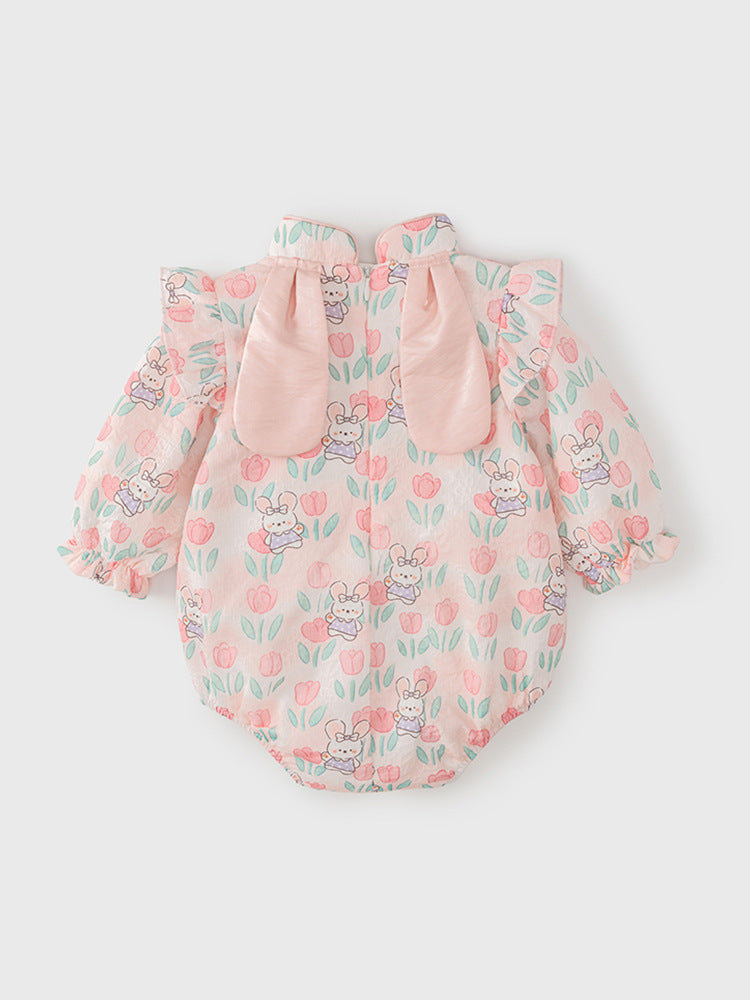 Autumn Arrival Baby Girls Flowers and Rabbits Pattern Long Sleeves Onesies with Stand Collar