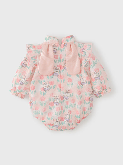 Autumn Arrival Baby Girls Flowers and Rabbits Pattern Long Sleeves Onesies with Stand Collar