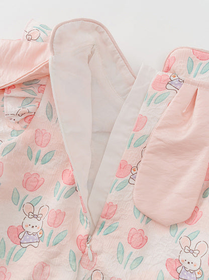 Autumn Arrival Baby Girls Flowers and Rabbits Pattern Long Sleeves Onesies with Stand Collar