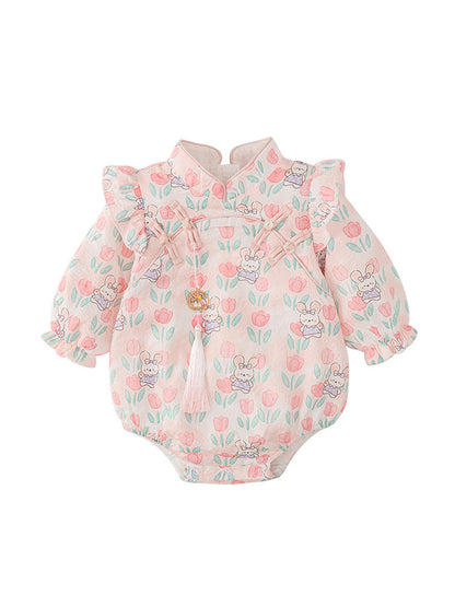 Autumn Arrival Baby Girls Flowers and Rabbits Pattern Long Sleeves Onesies with Stand Collar