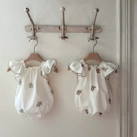 Summer Hot Selling Baby Kids Girls Fly Sleeves Flowers Pattern Embroidered Princess Onesies