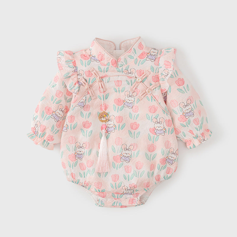 Autumn Arrival Baby Girls Flowers and Rabbits Pattern Long Sleeves Onesies with Stand Collar