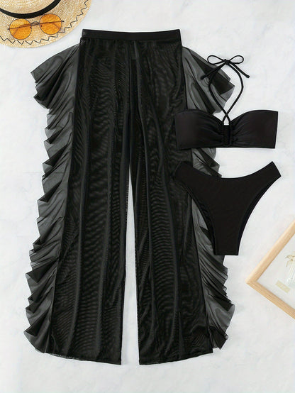 Pure Black Sexy Semi - Sheer Fashion Ruched Crisscross Strap Mesh Panty Bikini Set for Women - DicartluzeDicartluzePure Black Sexy Semi - Sheer Fashion Ruched Crisscross Strap Mesh Panty Bikini Set for Women