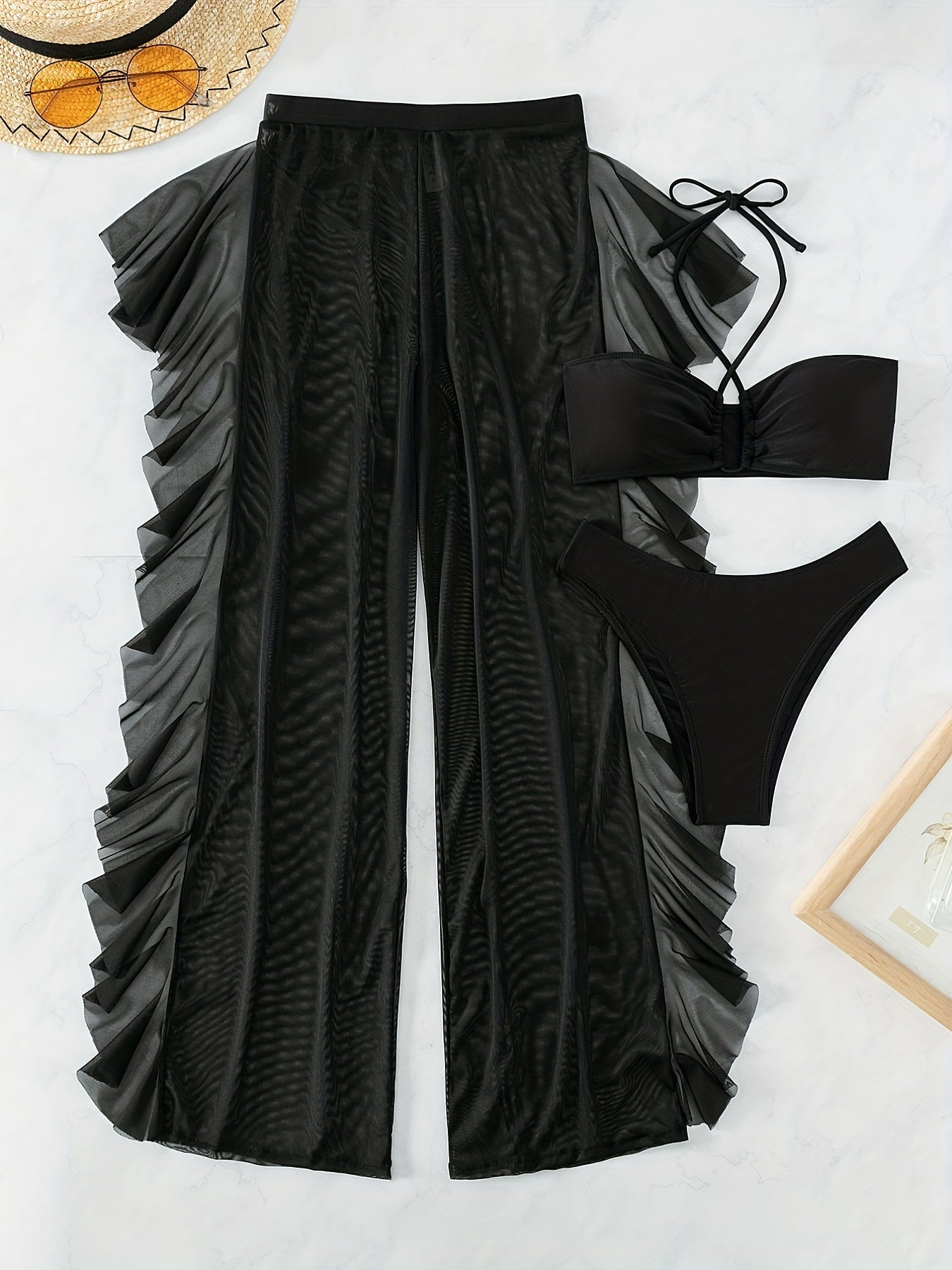 Pure Black Sexy Semi - Sheer Fashion Ruched Crisscross Strap Mesh Panty Bikini Set for Women - DicartluzeDicartluzePure Black Sexy Semi - Sheer Fashion Ruched Crisscross Strap Mesh Panty Bikini Set for Women