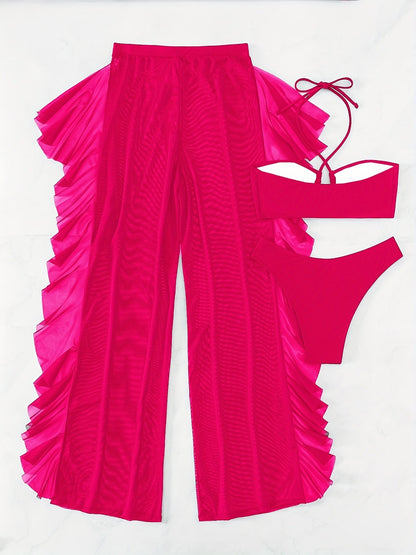 Pure Black Sexy Semi - Sheer Fashion Ruched Crisscross Strap Mesh Panty Bikini Set for Women - DicartluzeDicartluzePure Black Sexy Semi - Sheer Fashion Ruched Crisscross Strap Mesh Panty Bikini Set for Women