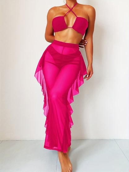 Pure Black Sexy Semi - Sheer Fashion Ruched Crisscross Strap Mesh Panty Bikini Set for Women - DicartluzeDicartluzePure Black Sexy Semi - Sheer Fashion Ruched Crisscross Strap Mesh Panty Bikini Set for Women