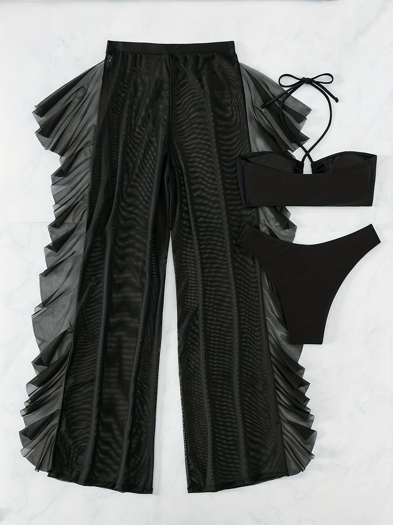 Pure Black Sexy Semi - Sheer Fashion Ruched Crisscross Strap Mesh Panty Bikini Set for Women - DicartluzeDicartluzePure Black Sexy Semi - Sheer Fashion Ruched Crisscross Strap Mesh Panty Bikini Set for Women