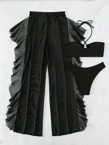 Pure Black Sexy Semi - Sheer Fashion Ruched Crisscross Strap Mesh Panty Bikini Set for Women - DicartluzeDicartluzePure Black Sexy Semi - Sheer Fashion Ruched Crisscross Strap Mesh Panty Bikini Set for Women