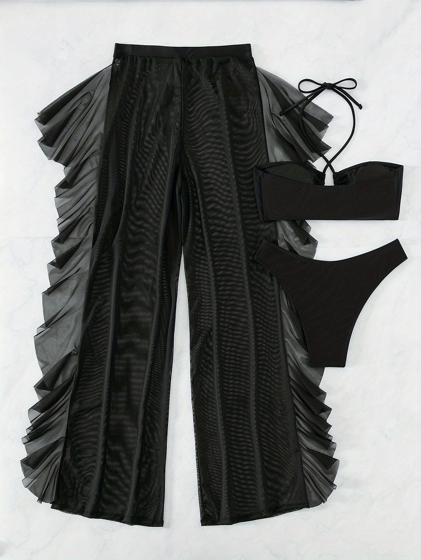 Pure Black Sexy Semi - Sheer Fashion Ruched Crisscross Strap Mesh Panty Bikini Set for Women - DicartluzeDicartluzePure Black Sexy Semi - Sheer Fashion Ruched Crisscross Strap Mesh Panty Bikini Set for Women