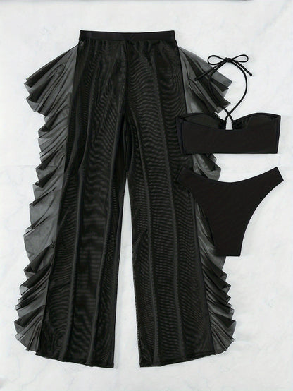 Pure Black Sexy Semi - Sheer Fashion Ruched Crisscross Strap Mesh Panty Bikini Set for Women - DicartluzeDicartluzePure Black Sexy Semi - Sheer Fashion Ruched Crisscross Strap Mesh Panty Bikini Set for Women