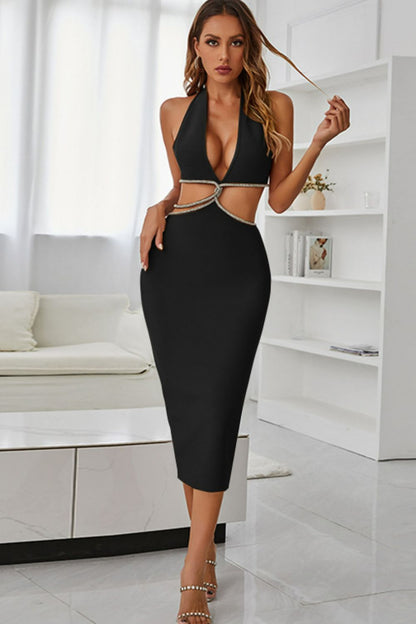Rhinestone Halter Neck Cutout Slit Midi Dress - DicartluzeDicartluze7005b3edb49f473086310e837d1dcbac - Max