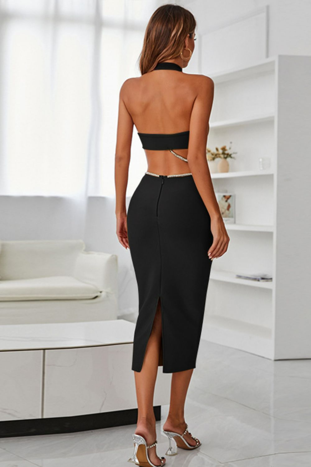 Rhinestone Halter Neck Cutout Slit Midi Dress - DicartluzeDicartluze6f2e430fc39c45389c251fb1afbfb070 - Max