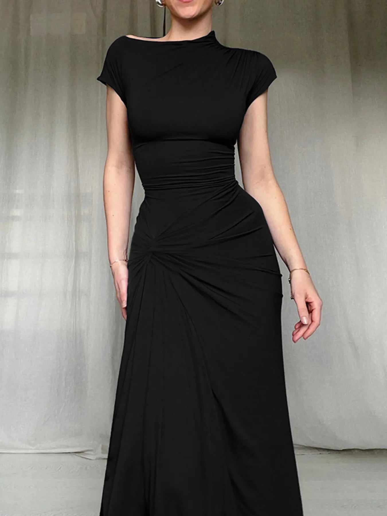 Ruched Slit Cap Sleeve Maxi Dress - DicartluzeDicartluzef9eb1bea5bb4419197dfb7900c884374 - Max - Origin