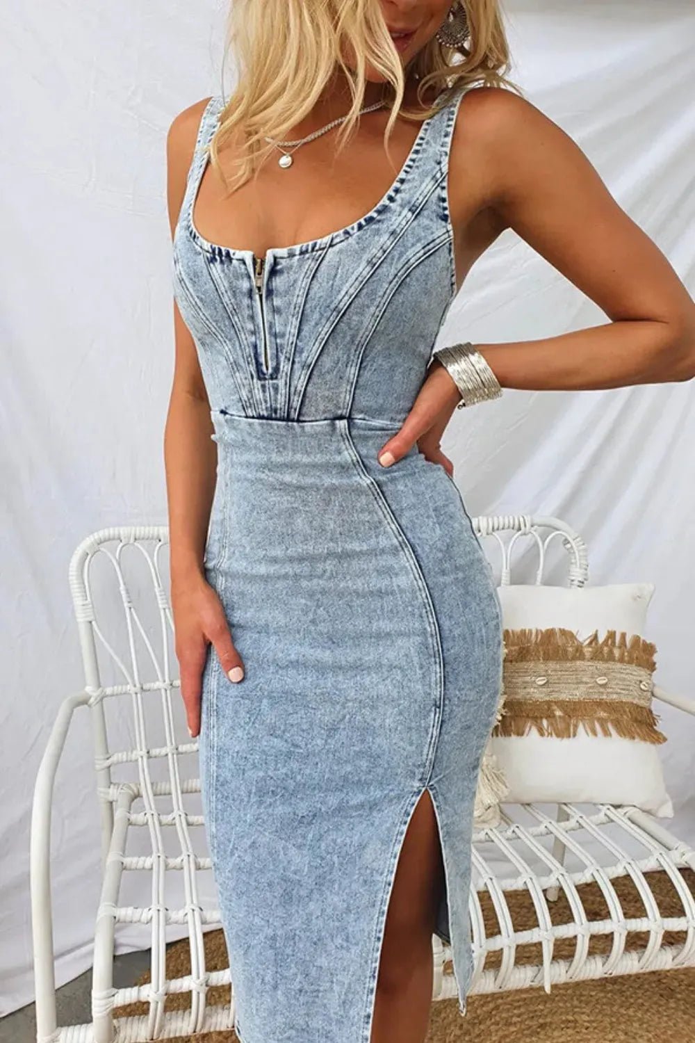 Side Slit Washed Scoop Neck Denim Dress - DicartluzeDicartluzeebaa238d - d937 - 4788 - aa93 - fac9fe6cef76 - Max