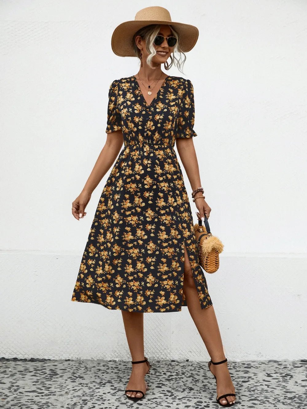 Slit Printed V - Neck Short Sleeve Dress - DicartluzeDicartluze1e341066 - ccc8 - 433a - b75b - 28685ad0fd72 - Max