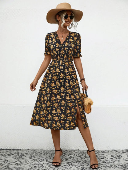 Slit Printed V - Neck Short Sleeve Dress - DicartluzeDicartluze1e341066 - ccc8 - 433a - b75b - 28685ad0fd72 - Max