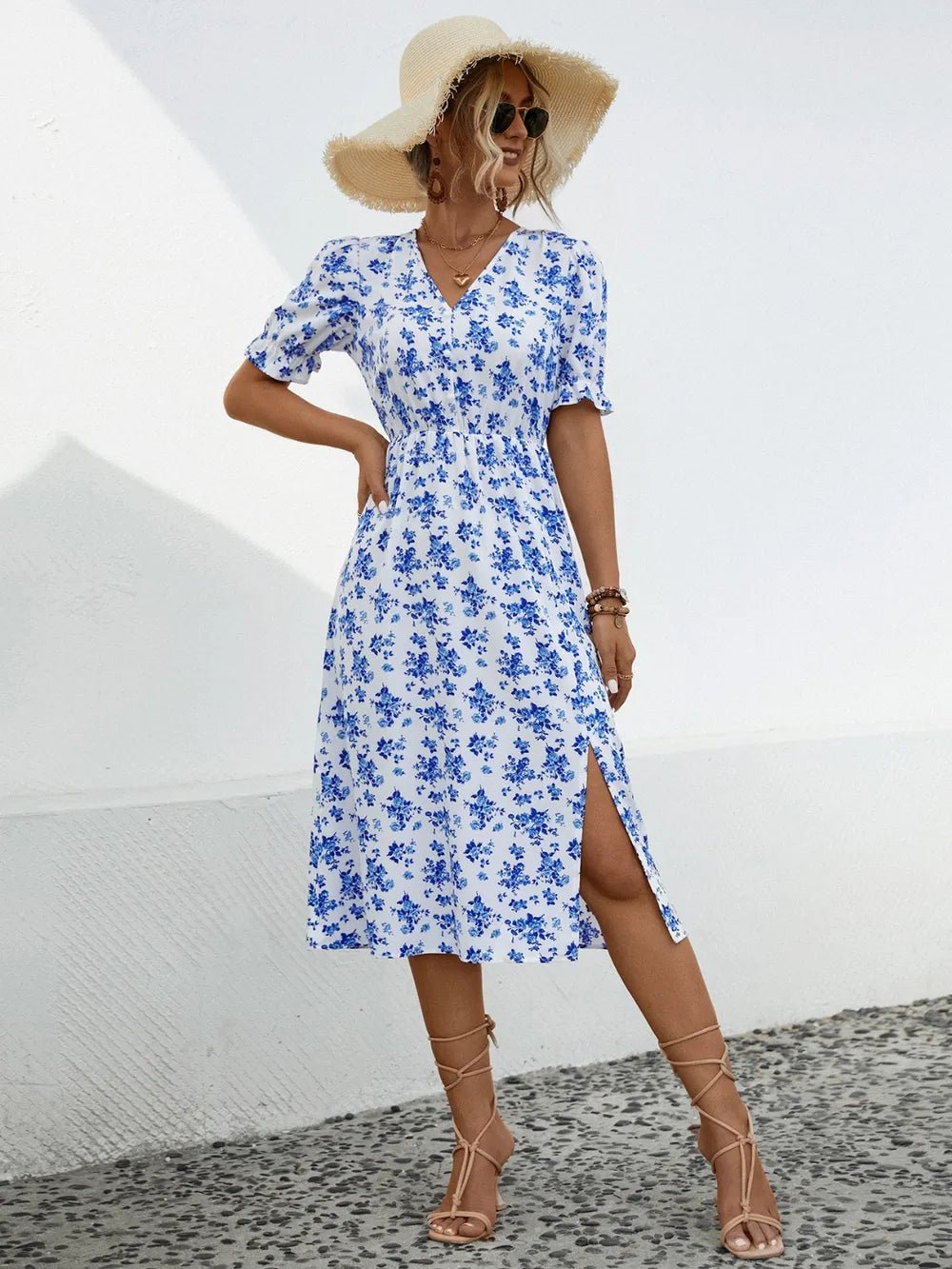 Slit Printed V - Neck Short Sleeve Dress - DicartluzeDicartluzea97ace19 - 289f - 4af1 - a02b - 3d57890db4f6 - Max