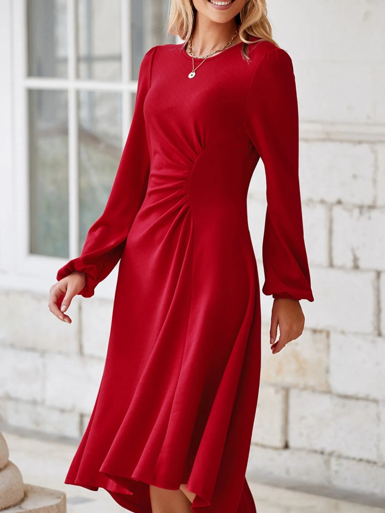 Solid Color Ruched Detail Long Sleeve Midi Dress - DicartluzeDicartluze6ae22f6a - 82b1 - 40c6 - 8832 - 0aa6074d8e2c - Max - Origin