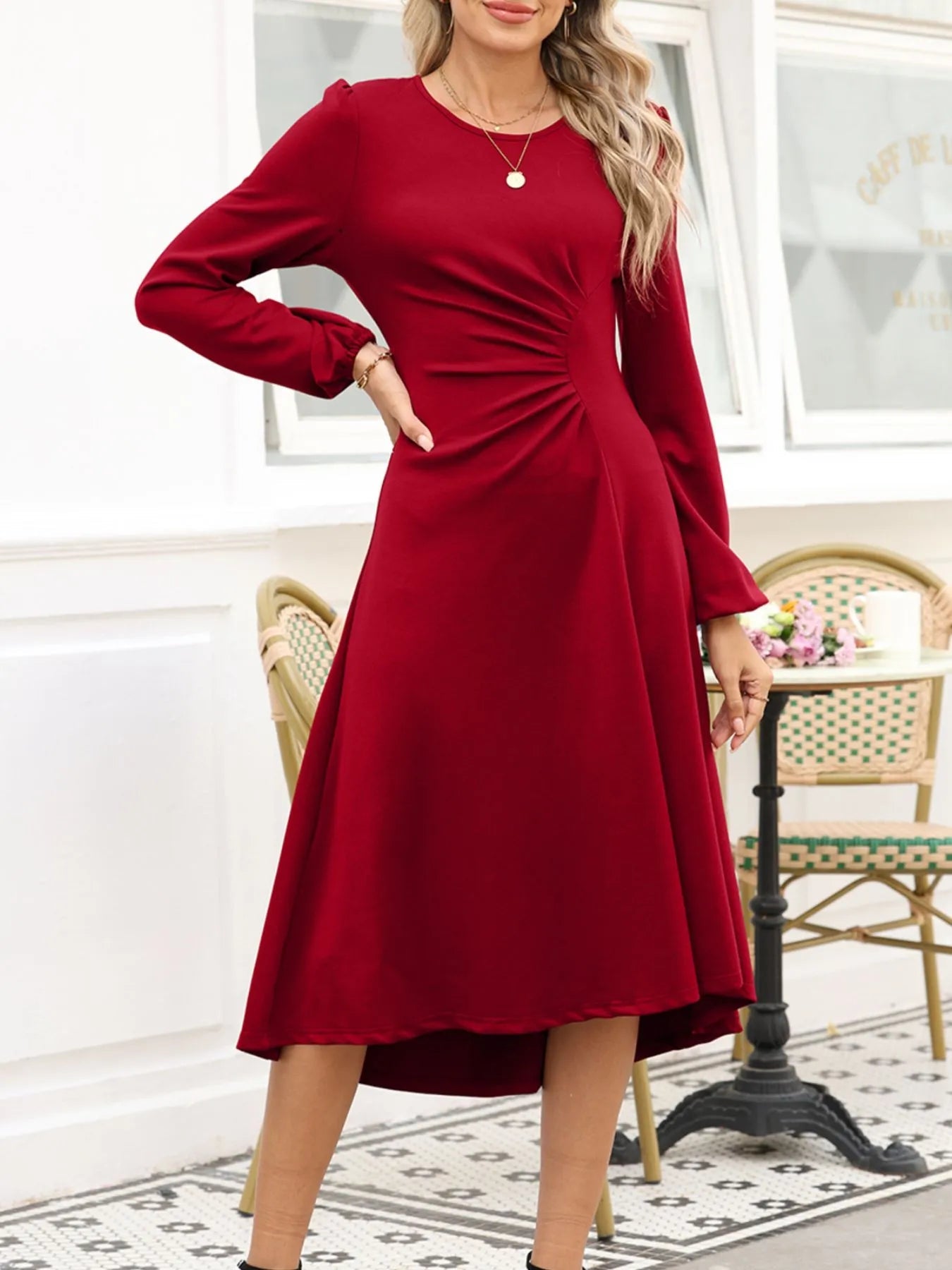 Solid Color Ruched Detail Long Sleeve Midi Dress - DicartluzeDicartluze62cdb6ce - 5cb6 - 4f40 - b69c - 41d76b40c5ff - Max - Origin