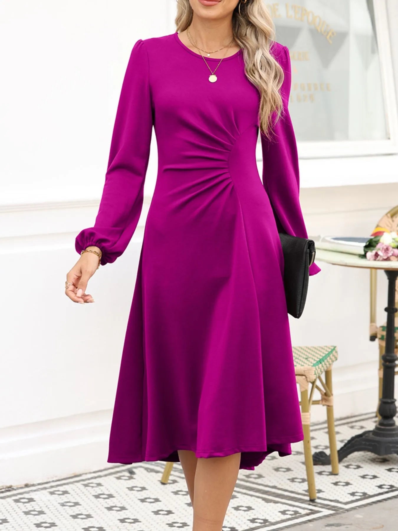 Solid Color Ruched Detail Long Sleeve Midi Dress - DicartluzeDicartluze9006677a - a39f - 4e28 - b7c2 - 7b966d8d8a6d - Max - Origin