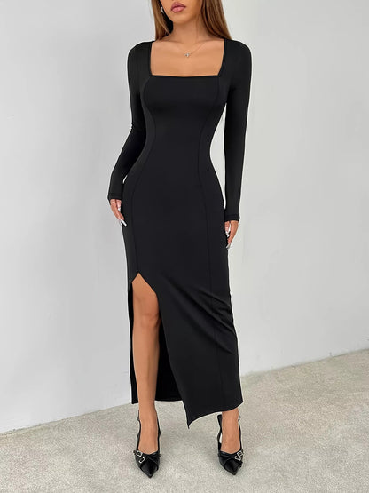 Square Neck Long Sleeve Slit Bodycon Maxi Dress - DicartluzeDicartluze3bb2d0f1 - 9b09 - 43c4 - bb74 - 5a403f840bad - Max - Origin