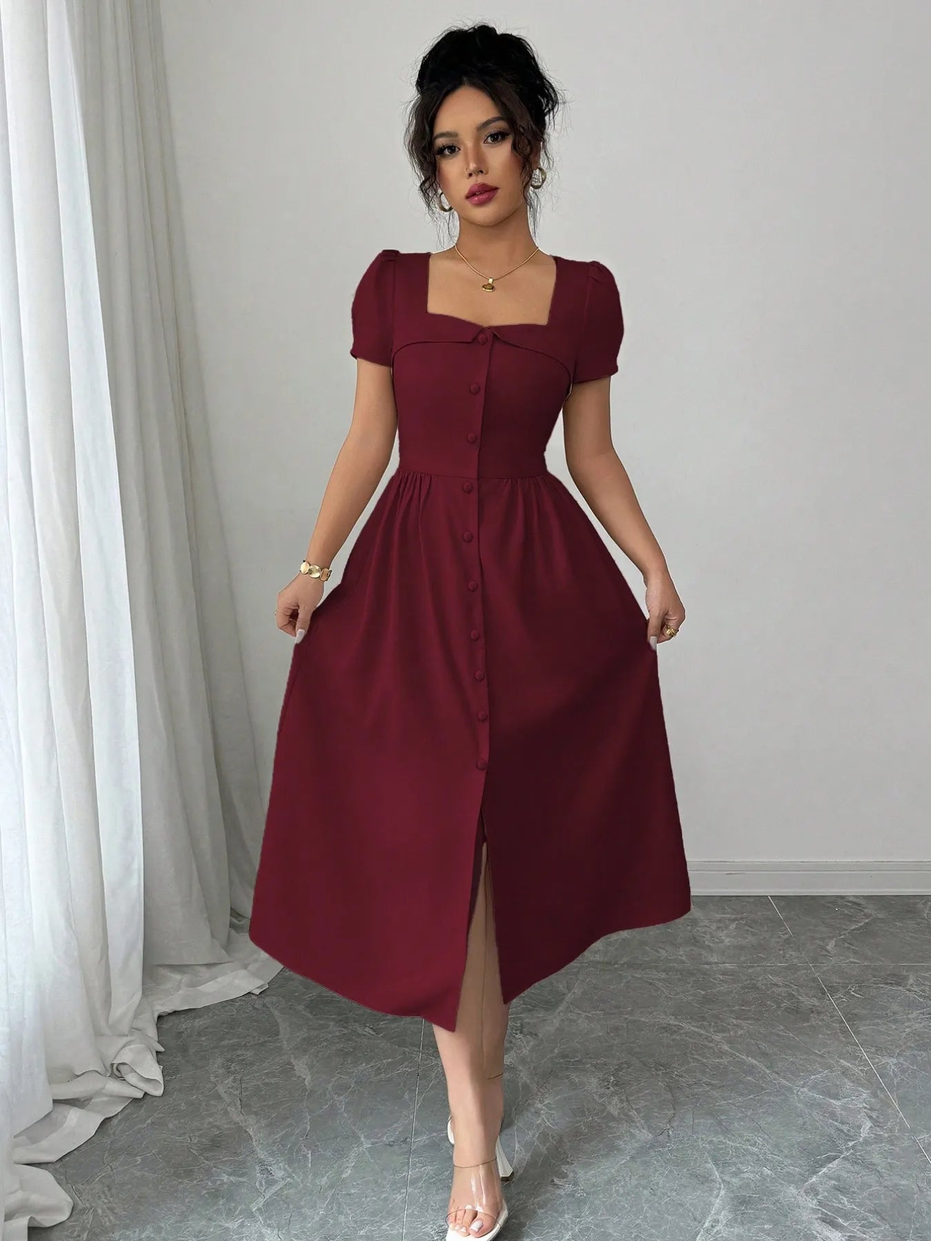 Square Neck Puff Sleeve Midi Dress - DicartluzeDicartluze3a6f39e0 - a1b2 - 466b - 8daf - f6b001d28021 - Max - Origin