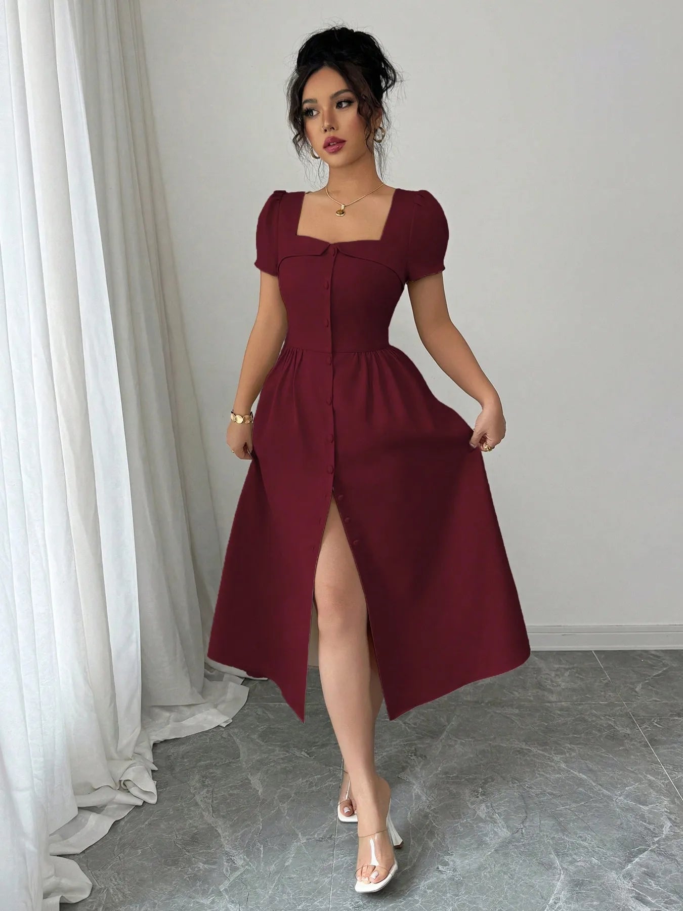 Square Neck Puff Sleeve Midi Dress - DicartluzeDicartluzed930282e - 0da9 - 42e1 - 9a43 - 87ac7165f1e8 - Max - Origin