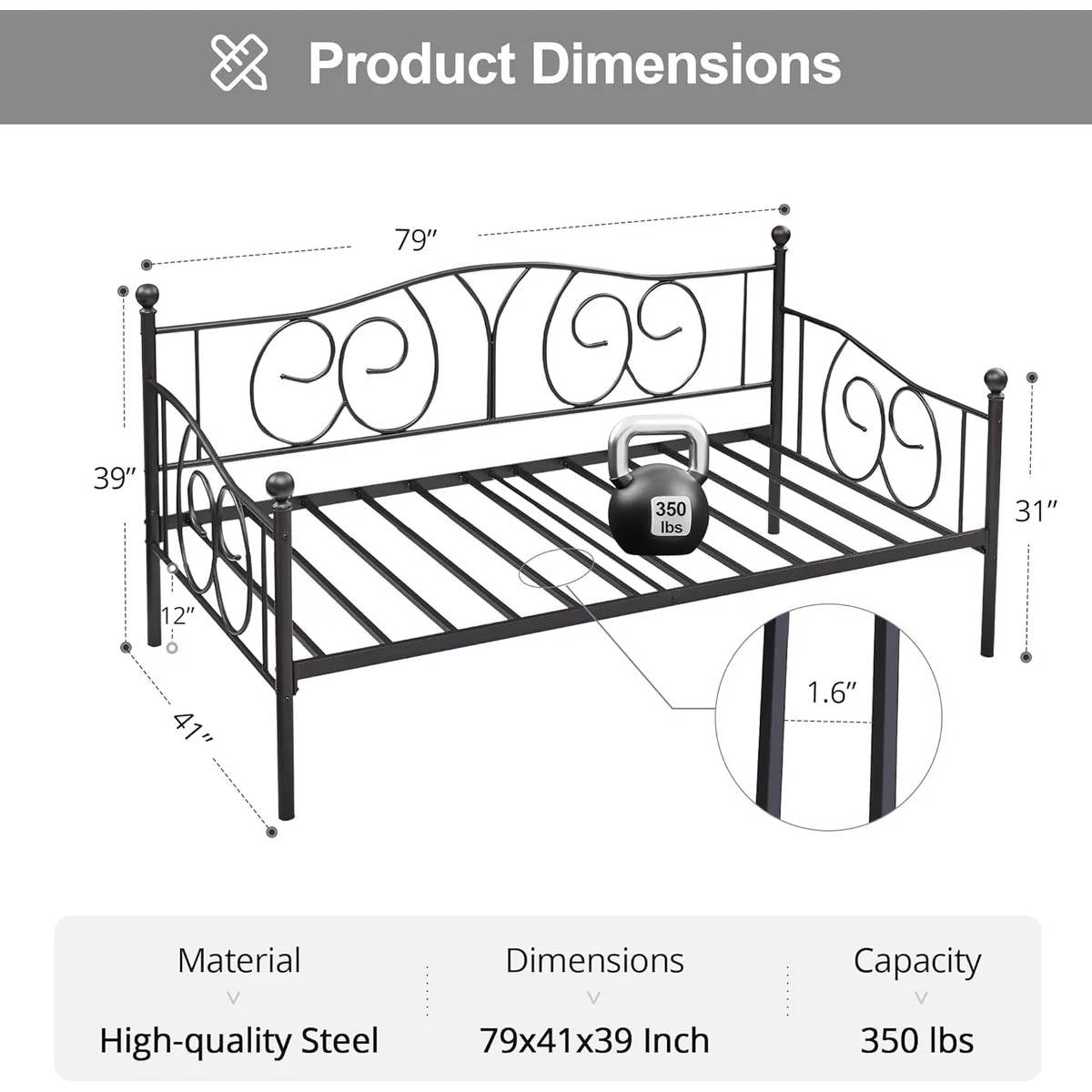 Twin size French Country Style Black Metal Day Bed Frame - DicartluzeBedroom > Bed Frames > DaybedsDicartluzeTwin size French Country Style Black Metal Day Bed Frame