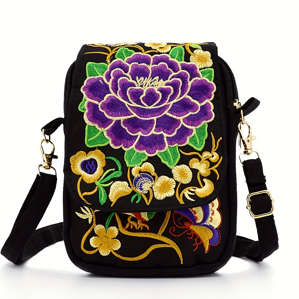 Women's Embroidered Mini Shoulder Bag with Detachable Strap - Floral Geometric Embroidery Design, Zipper Closure, Compact, Polyester Lined Interior (Navy/Purple/Red/Black) - DicartluzeDicartluzeWomen's Embroidered Mini Shoulder Bag with Detachable Strap - Floral Geometric Embroidery Design, Zipper Closure, Compact, Polyester Lined Interior (Navy/Purple/Red/Black)