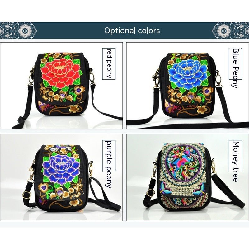 Women's Embroidered Mini Shoulder Bag with Detachable Strap - Floral Geometric Embroidery Design, Zipper Closure, Compact, Polyester Lined Interior (Navy/Purple/Red/Black) - DicartluzeDicartluzeWomen's Embroidered Mini Shoulder Bag with Detachable Strap - Floral Geometric Embroidery Design, Zipper Closure, Compact, Polyester Lined Interior (Navy/Purple/Red/Black)