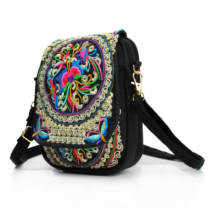 Women's Embroidered Mini Shoulder Bag with Detachable Strap - Floral Geometric Embroidery Design, Zipper Closure, Compact, Polyester Lined Interior (Navy/Purple/Red/Black) - DicartluzeDicartluzeWomen's Embroidered Mini Shoulder Bag with Detachable Strap - Floral Geometric Embroidery Design, Zipper Closure, Compact, Polyester Lined Interior (Navy/Purple/Red/Black)