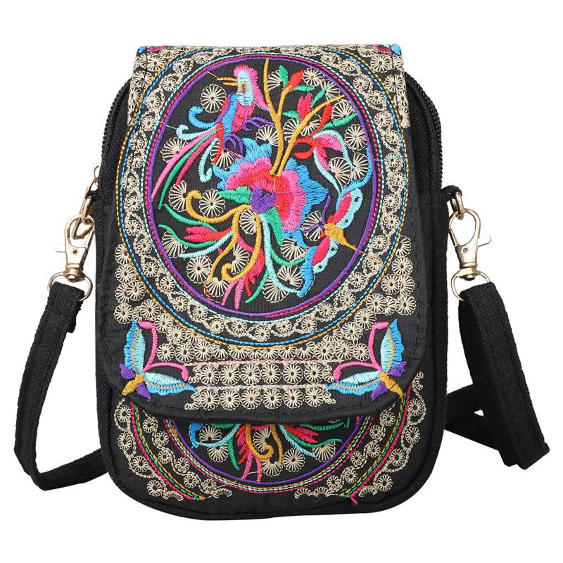 Women's Embroidered Mini Shoulder Bag with Detachable Strap - Floral Geometric Embroidery Design, Zipper Closure, Compact, Polyester Lined Interior (Navy/Purple/Red/Black) - DicartluzeDicartluzeWomen's Embroidered Mini Shoulder Bag with Detachable Strap - Floral Geometric Embroidery Design, Zipper Closure, Compact, Polyester Lined Interior (Navy/Purple/Red/Black)