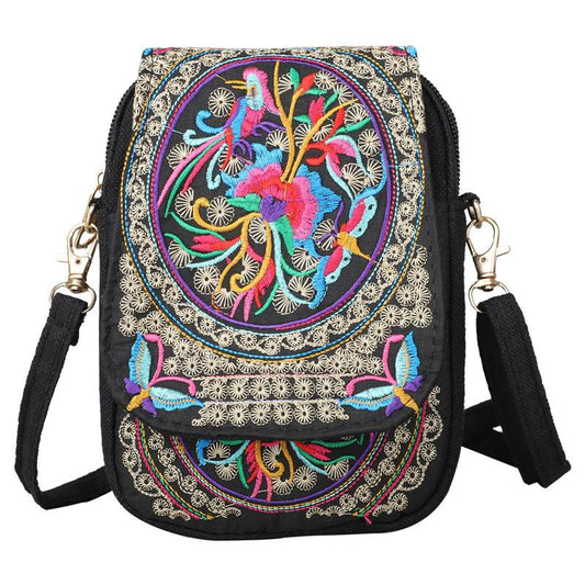 Women's Embroidered Mini Shoulder Bag with Detachable Strap - Floral Geometric Embroidery Design, Zipper Closure, Compact, Polyester Lined Interior (Navy/Purple/Red/Black) - DicartluzeDicartluzeWomen's Embroidered Mini Shoulder Bag with Detachable Strap - Floral Geometric Embroidery Design, Zipper Closure, Compact, Polyester Lined Interior (Navy/Purple/Red/Black)