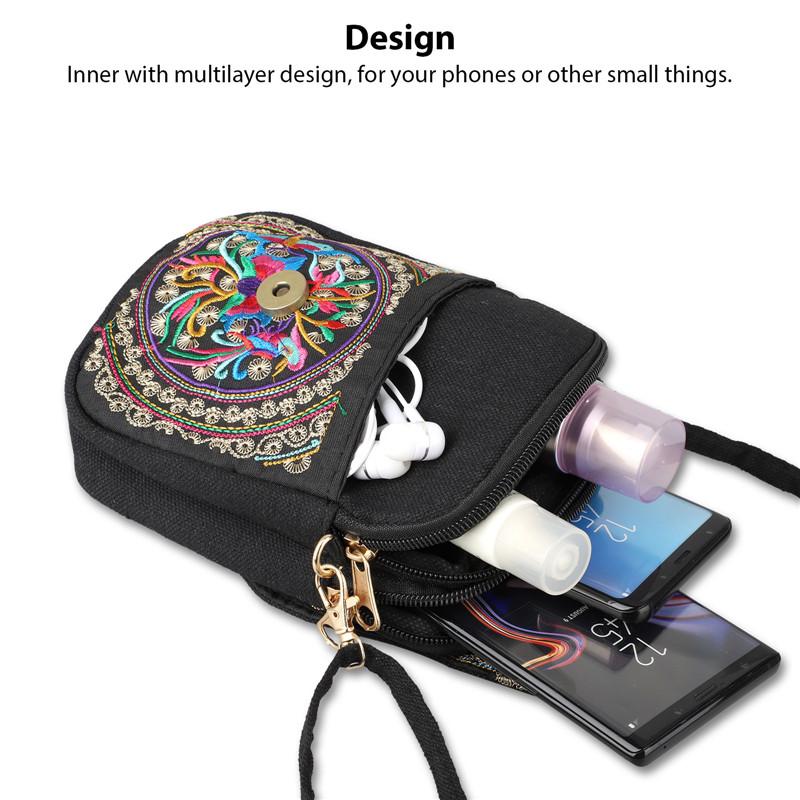 Women's Embroidered Mini Shoulder Bag with Detachable Strap - Floral Geometric Embroidery Design, Zipper Closure, Compact, Polyester Lined Interior (Navy/Purple/Red/Black) - DicartluzeDicartluzeWomen's Embroidered Mini Shoulder Bag with Detachable Strap - Floral Geometric Embroidery Design, Zipper Closure, Compact, Polyester Lined Interior (Navy/Purple/Red/Black)