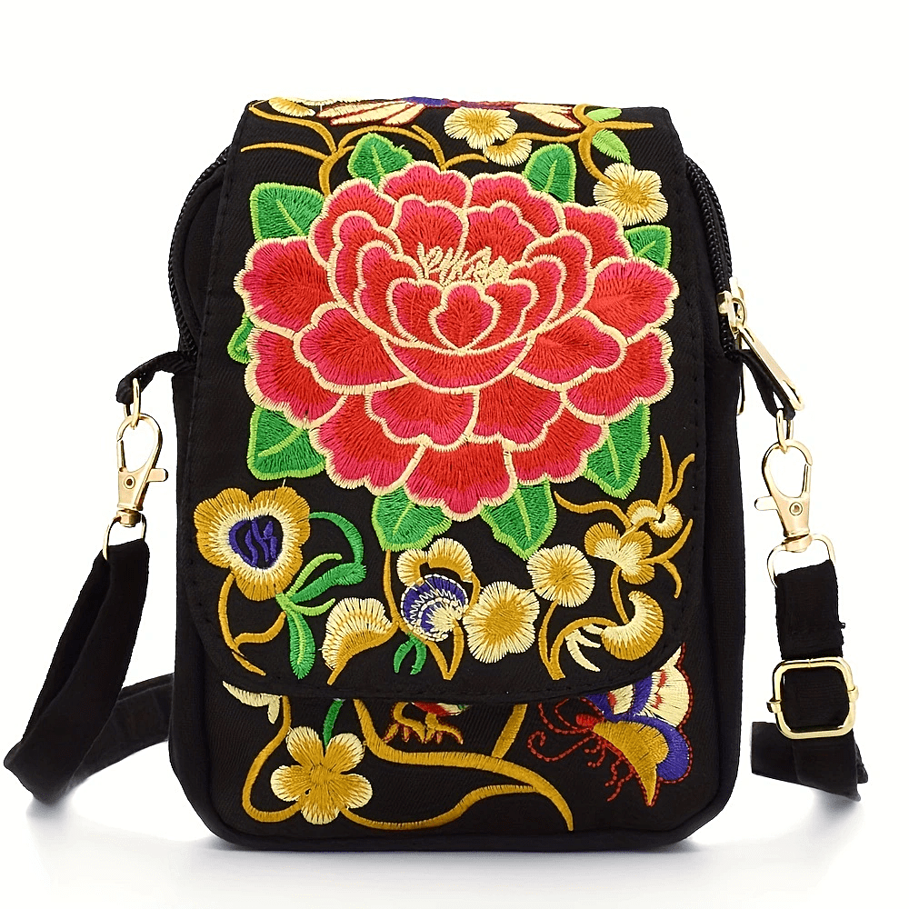 Women's Embroidered Mini Shoulder Bag with Detachable Strap - Floral Geometric Embroidery Design, Zipper Closure, Compact, Polyester Lined Interior (Navy/Purple/Red/Black) - DicartluzeDicartluzeWomen's Embroidered Mini Shoulder Bag with Detachable Strap - Floral Geometric Embroidery Design, Zipper Closure, Compact, Polyester Lined Interior (Navy/Purple/Red/Black)