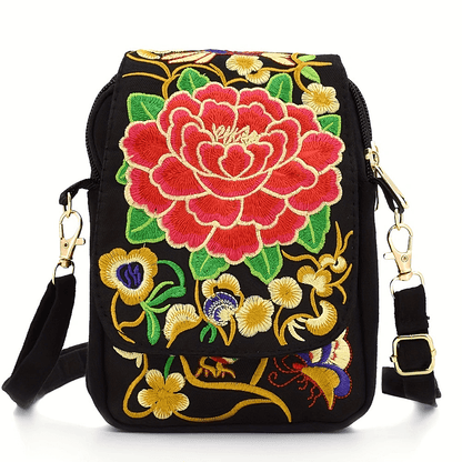 Women's Embroidered Mini Shoulder Bag with Detachable Strap - Floral Geometric Embroidery Design, Zipper Closure, Compact, Polyester Lined Interior (Navy/Purple/Red/Black) - DicartluzeDicartluzeWomen's Embroidered Mini Shoulder Bag with Detachable Strap - Floral Geometric Embroidery Design, Zipper Closure, Compact, Polyester Lined Interior (Navy/Purple/Red/Black)