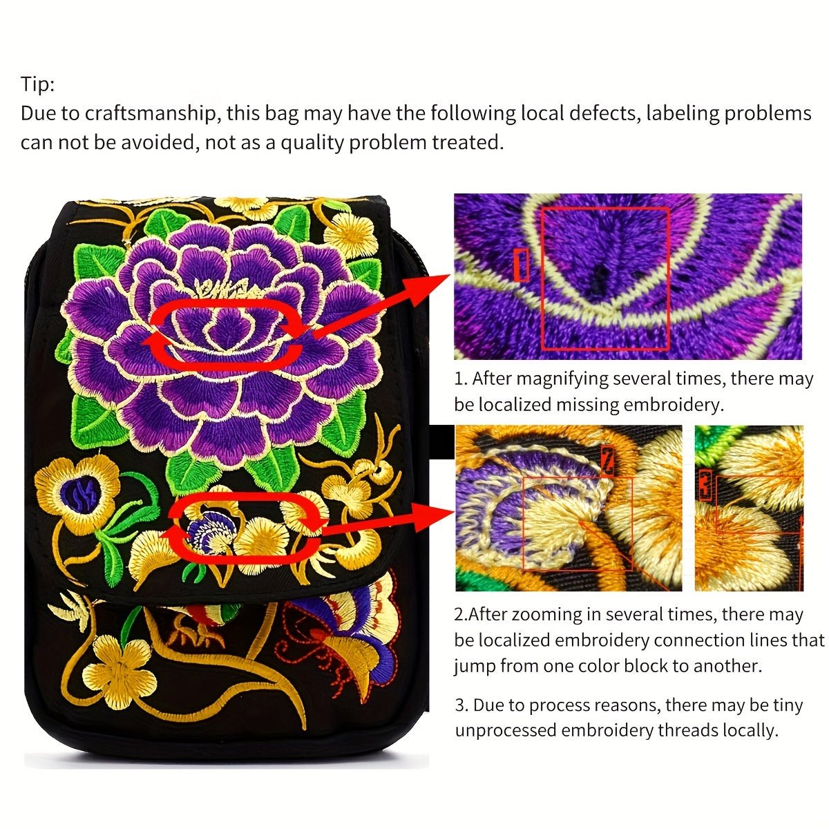 Women's Embroidered Mini Shoulder Bag with Detachable Strap - Floral Geometric Embroidery Design, Zipper Closure, Compact, Polyester Lined Interior (Navy/Purple/Red/Black) - DicartluzeDicartluzeWomen's Embroidered Mini Shoulder Bag with Detachable Strap - Floral Geometric Embroidery Design, Zipper Closure, Compact, Polyester Lined Interior (Navy/Purple/Red/Black)